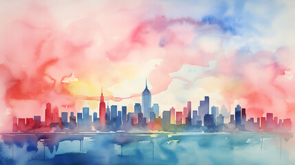 Craft a watercolor background featuring an iconic skyline of a major city at sunrise, with soft light washing over the buildings