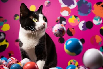 Lifestyle portrait photography of a curious manx cat batting objects isolated on vibrant colored wall