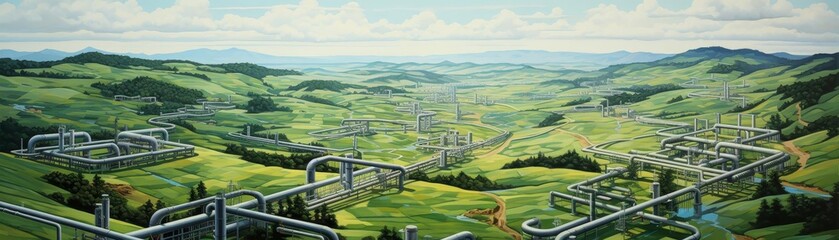 Naklejka premium A painting of a green landscape with a large city in the background. The city is made up of many pipes and is surrounded by a large green field