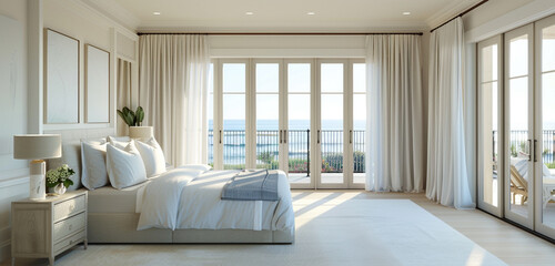 A spacious and airy master bedroom that epitomizes coastal elegance, with soft, breezy curtains, a palette of whites and soft blues, 