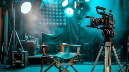 Indoor film set with vintage cinematic equipment directors chair and lighting. Concept Vintage Film Set, Cinematic Equipment, Directors Chair, Lighting Setup, Indoor Setting
