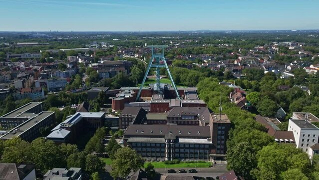 Aerial drone view of the German Mining Museum, also known as Deutsches Bergbau-Museum Bochum. This major museum showcases the history and technology of mining, featuring mineral specimens .