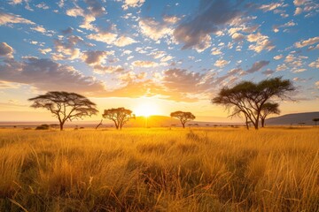 Savanna Sunset, Warm sunlight casting golden hues on savanna, Silhouettes of acacia trees on...