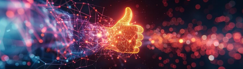 A hand with a thumbs up sign is shown in a colorful, abstract background. Concept of positivity and approval, as the thumbs up gesture is universally recognized as a symbol of approval or agreement