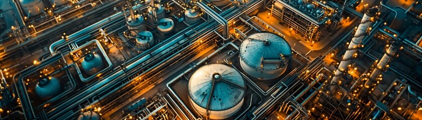 A large industrial plant with many tanks and pipes. The image is a close up of the plant and the tanks are lit up at night - Powered by Adobe