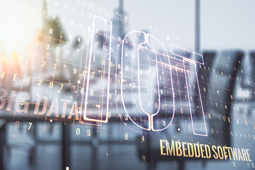 Abstract virtual IOT hologram on a modern furnished office background. Multiexposure