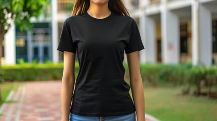 Young Model Shirt Mockup woman wearing black tshirt in campus in daylight Shirt Mockup Templat