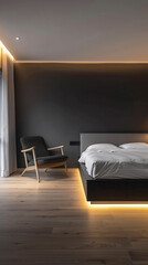 A spacious bedroom with minimalist design, featuring a statement wall painted in a soothing, matte charcoal. The room includes a queen-sized bed with a bespoke, minimalist headboard, 