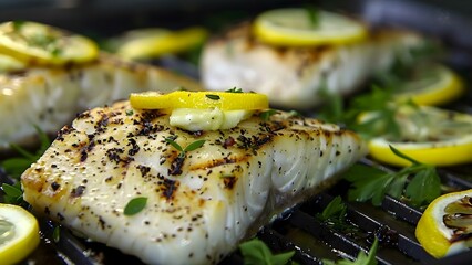 Capturing the beauty of grilled halibut with lemon butter and herbs in stunning lighting. Concept Food Photography, Grilled Halibut, Lemon Butter, Herbs, Lighting Effects