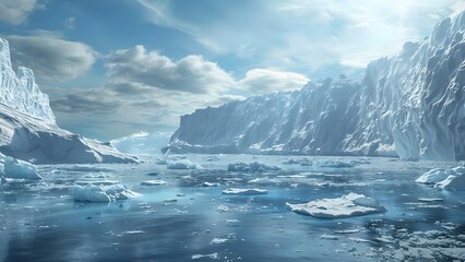 Impact of Climate Change: Melting Glaciers. Concept Global Warming, Rising Sea Levels, Extreme Weather Events, Biodiversity Loss, Climate Refugees