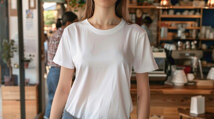 Young Model Shirt Mockup woman wearing white tshirt in coffee shop in daylight Shirt Mockup Templat