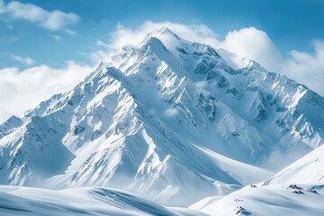 Snowy Mountain Peaks, Soft light on snow-covered peaks, Mountain peaks against blue sky, High-angle view, White and blue tones, Morning