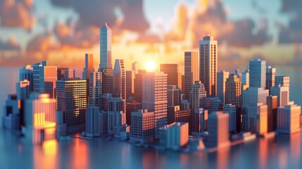 A 3D rendering of a city with skyscrapers and the sun rising in the background