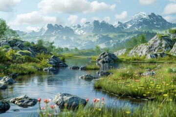 Obraz premium Mountains, lake and flowers