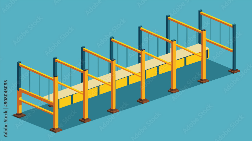 Poster creating a series of portable metal guardrails to ensure worker safety on elevated surfaces.. vector