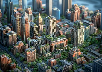 Fototapeta premium A miniature city with green roofs and lots of trees