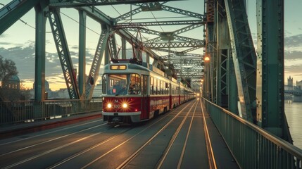 Obraz premium A tramcar crossing a historic bridge, blending modern transport with classic architecture