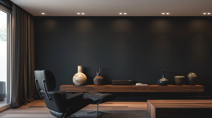 A spacious living room boasting a dramatic black accent wall, complementing the clean lines of a contemporary, dark leather chair. 