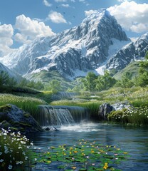 majestic snow capped mountains with waterfalls and river in valley