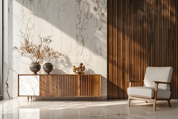 A sideboard with wooden panels and vases on it, next to an armchair in front of the wall