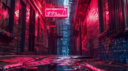 A cracked neon sign flickering above a deserted alleyway, in the style of luminous hues, Wollensak 127mm f/4.7 Ektar, mysterious jungle (urban version), street art photography