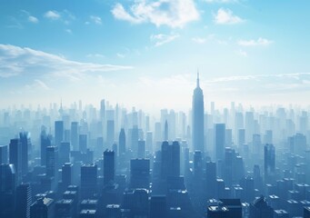 Blue foggy cityscape with skyscrapers