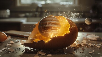 A cracked eggshell lying open on a kitchen counter, revealing a swirling nebula and tiny planets instead of a yolk, captured with a wide-angle lens and otherworldly