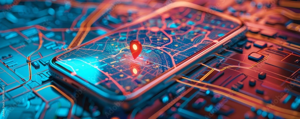 Poster A cell phone with a red dot on it that is pointing to a location. The image has a futuristic and technological feel to it