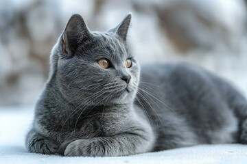 Gray cat lying on the snow in winter,  Shallow depth of field