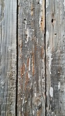 Detailed Portrait of Weathered Gray Wooden Planks with Rust Stains and White Paint Speckles.