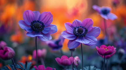 Close-up of Purple and Lavender Anemones