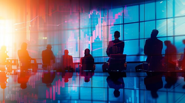 Business people in a conference room with a large screen presentation of a market growth chart and financial graph during a meeting