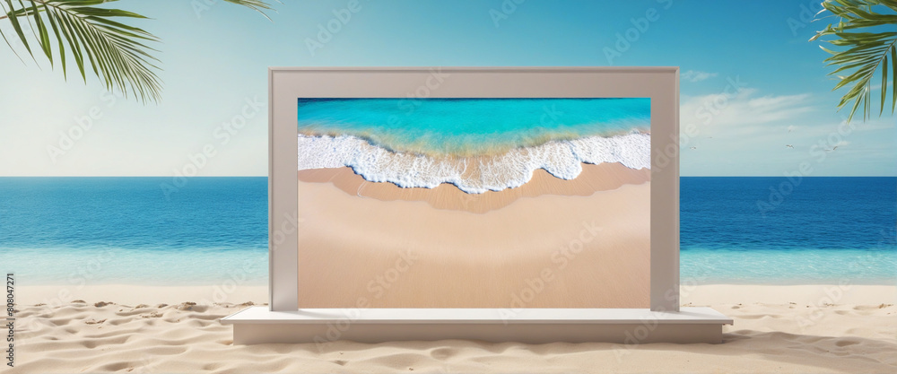Poster abstract object showcase with an elegant beach backdrop featuring an empty space for advertising a c