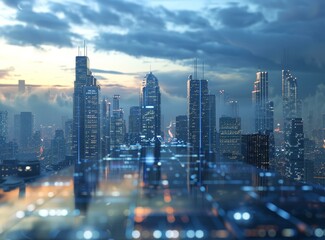 Fototapeta premium Cityscape of a modern city with skyscrapers reaching towards the sky