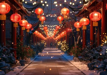 Chinese courtyard with red lanterns in the snow