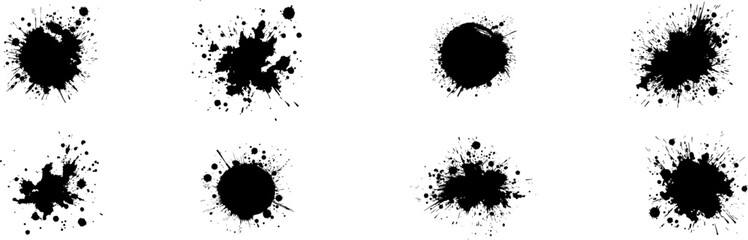 Splashes of ink . Ink drops collection. Black paint splatter .Grunge spot .Spray elements. Liquid blobs and spatters .