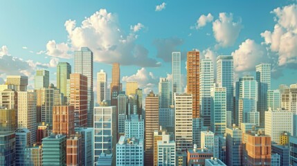 A cityscape with many skyscrapers under a blue sky with white clouds