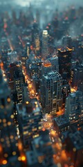 A miniature city with skyscrapers and street lights at night - obrazy, fototapety, plakaty