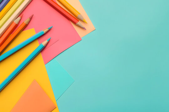 Kreatives Chaos: Buntstifte auf farbigem Hintergrund