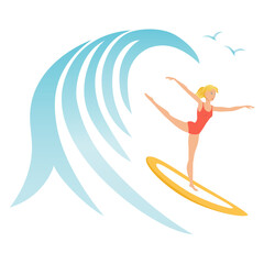 Girl dancing ballet on a surfboard riding a big wave.