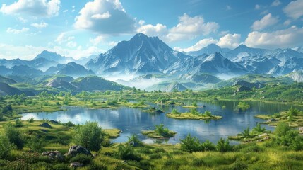 Mountains, lake and green fields