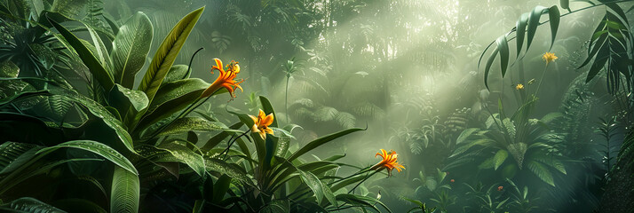 Ein tropischer Regenwald mid Pflanzen und Blumen
