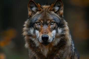 Portrait of a gray wolf in the autumn forest,  Close-up