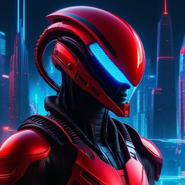 biomechanics of a mechanical cyborg, a complex mechanism with sensors, with a transparent alien helmet in the form of a xenomorph with neon lines neon red, red shade, neurochip