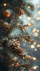Fototapeta premium Christmas tree with pine cones and fairy lights