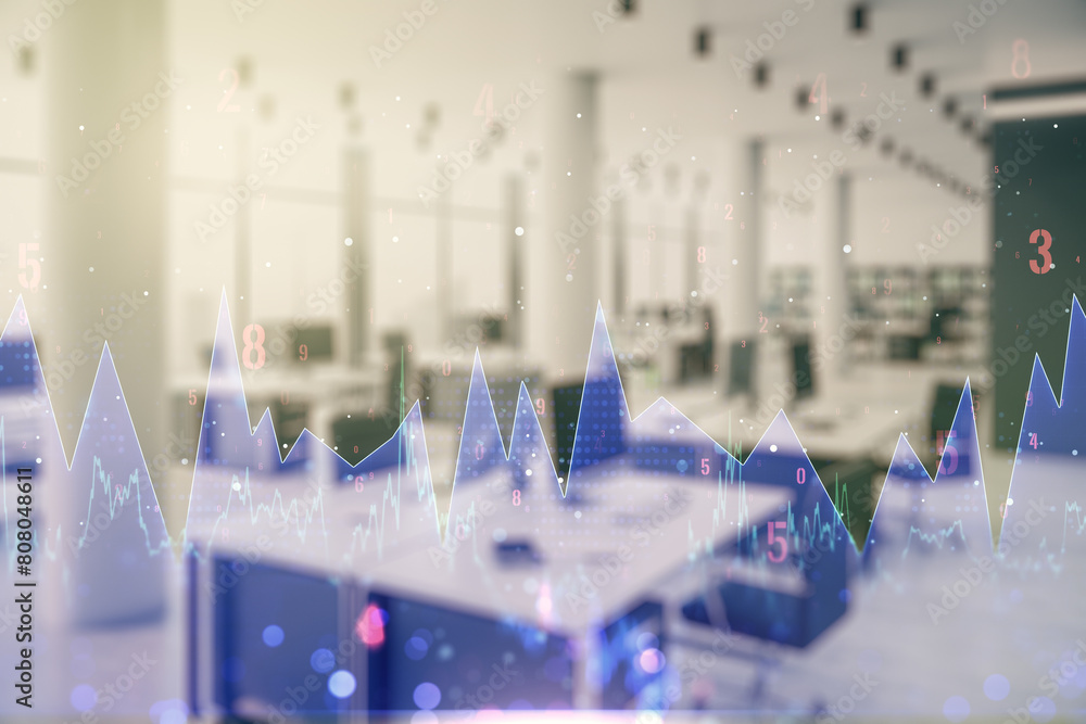 Poster multi exposure of stats data illustration on a modern furnished office background, computing and ana