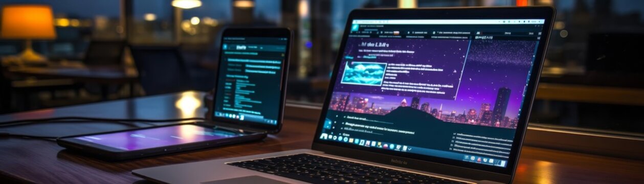 A laptop and tablet are open on a desk with a city skyline in the background