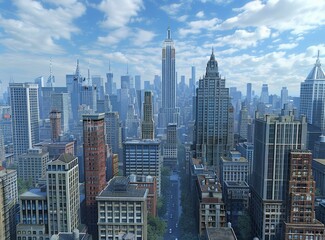 Fototapeta premium A cityscape image of a fictional city with tall skyscrapers and a blue sky