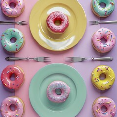 Minimal flat lay pattern of colorful donuts with knife and fork on small plates isolated on pastel background.