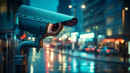 A street camera is mounted on a pole in the rain. The camera is facing the street and captures the...